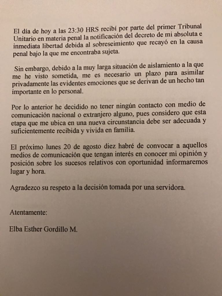 Imagen de la carta de Elba Esther Gordillo-Leido por su abogado 